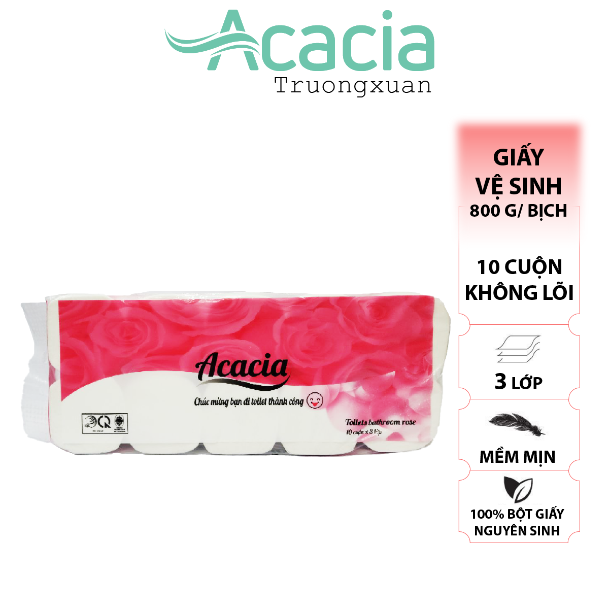 Giấy Toilet ACACIA Hoa Hồng 10 cuộn Không lõi (Hồng)