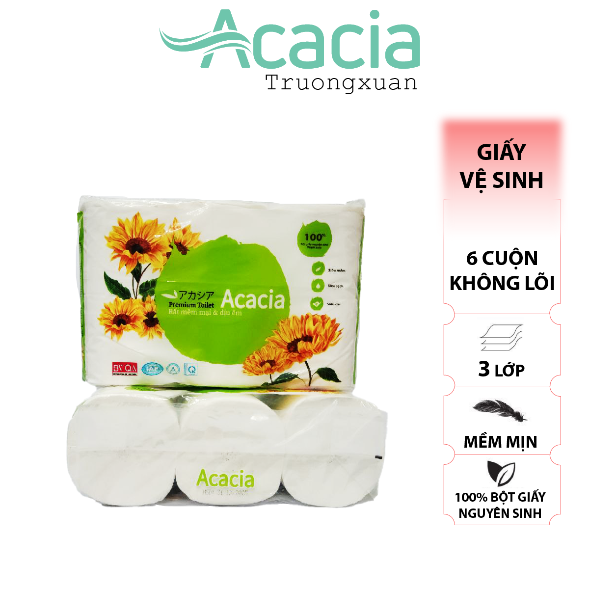 Giấy Toilet ACACIA 6 cuộn không lõi (Xanh)