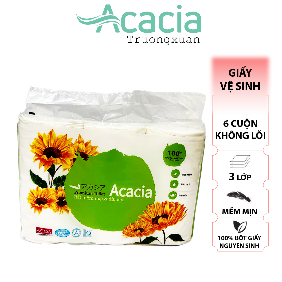 Giấy Toilet ACACIA 6 cuộn không lõi (Xanh)