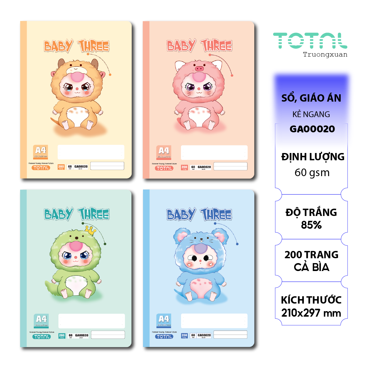 Sổ A4 Baby Three kẻ ngang 200 trang