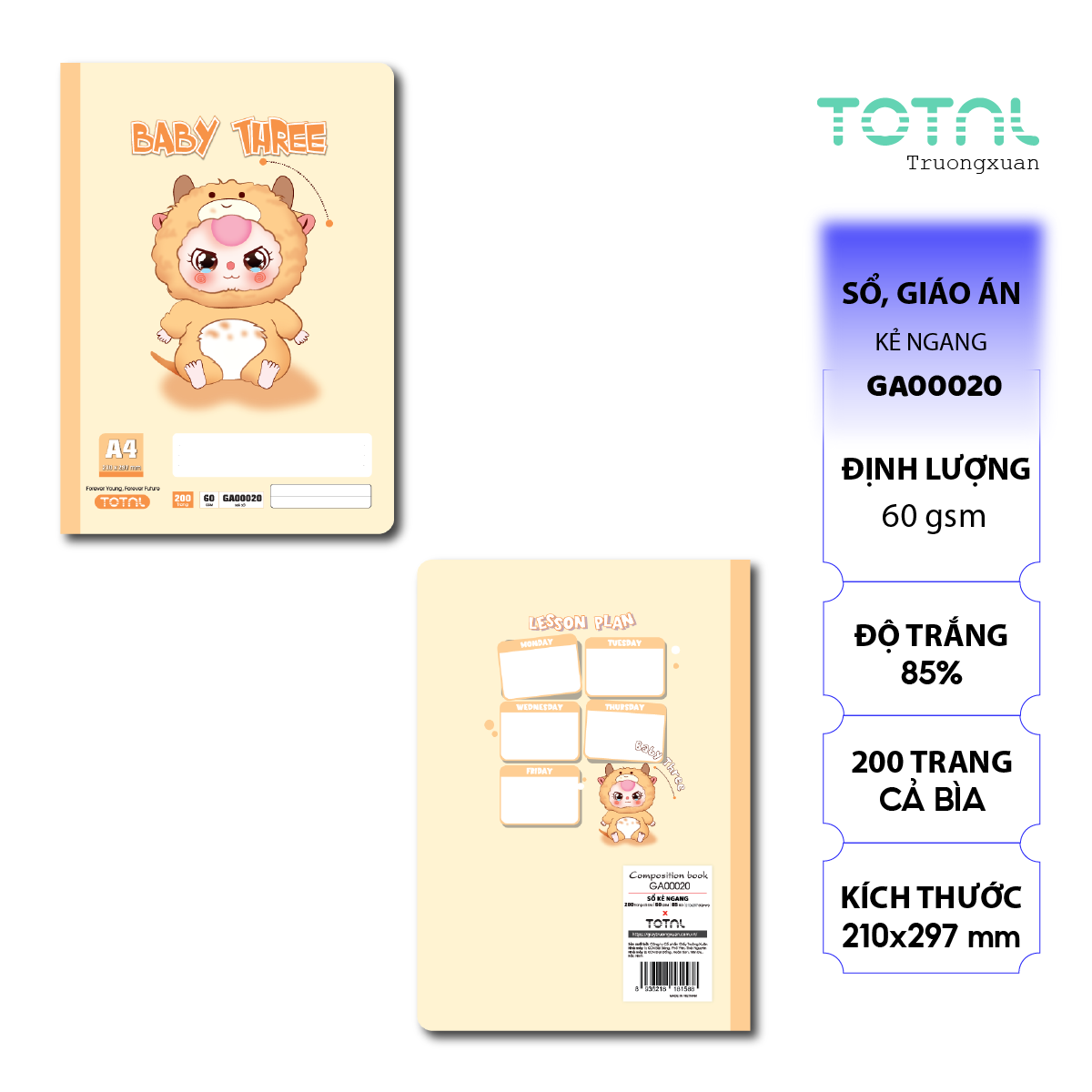 Sổ A4 Baby Three kẻ ngang 200 trang
