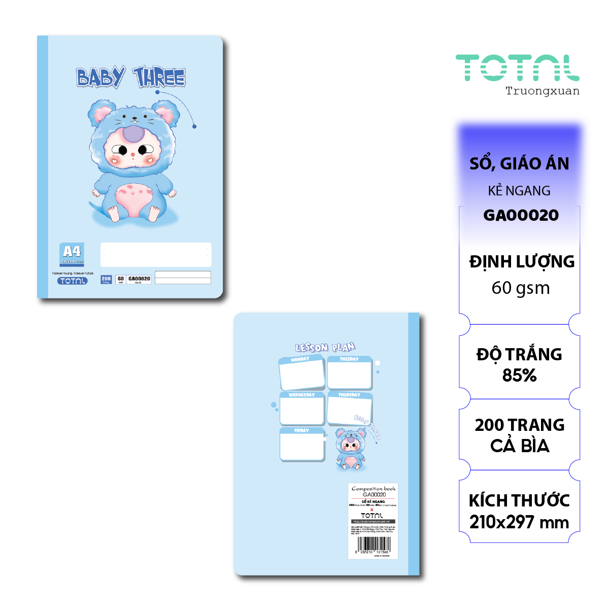 Sổ A4 Baby Three kẻ ngang 200 trang
