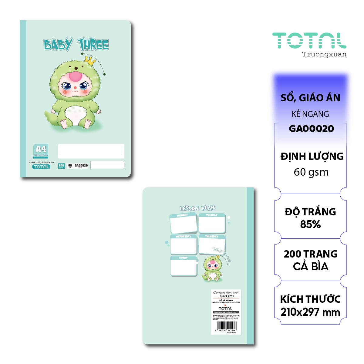 Sổ A4 Baby Three kẻ ngang 200 trang