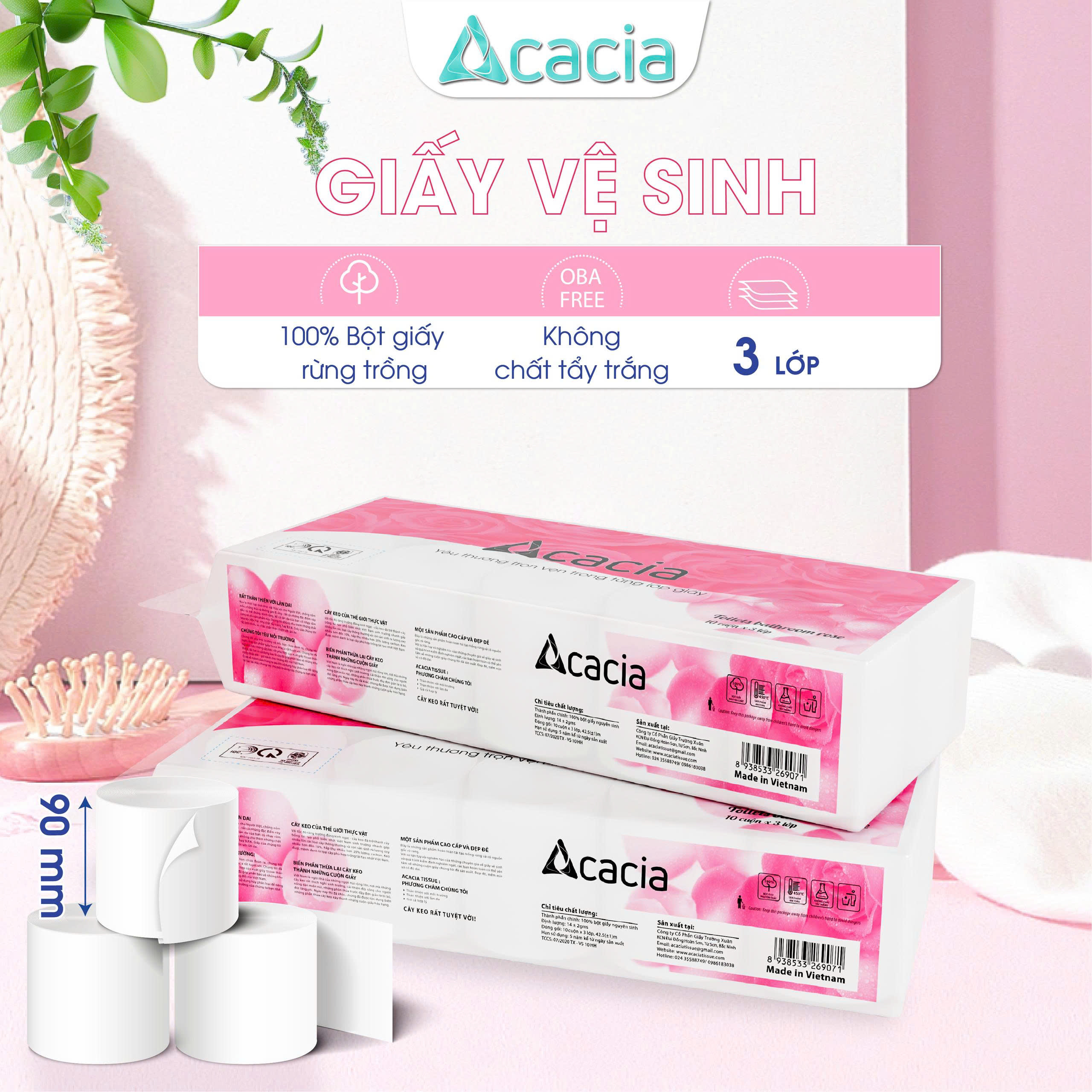 Giấy Toilet ACACIA Hoa Hồng 10 cuộn Không lõi (Hồng)