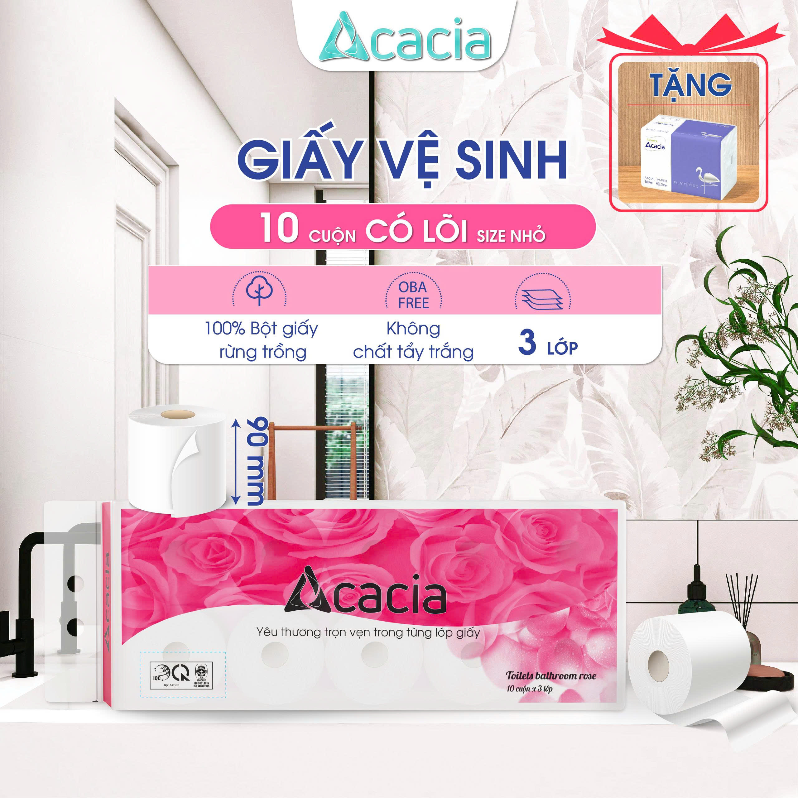 Giấy Toilet ACACIA Hoa Hồng 10 cuộn có lõi (Hồng)