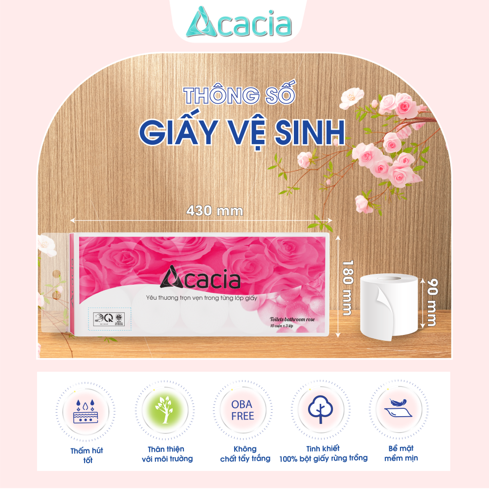 Giấy Toilet ACACIA Hoa Hồng 10 cuộn có lõi (Hồng)