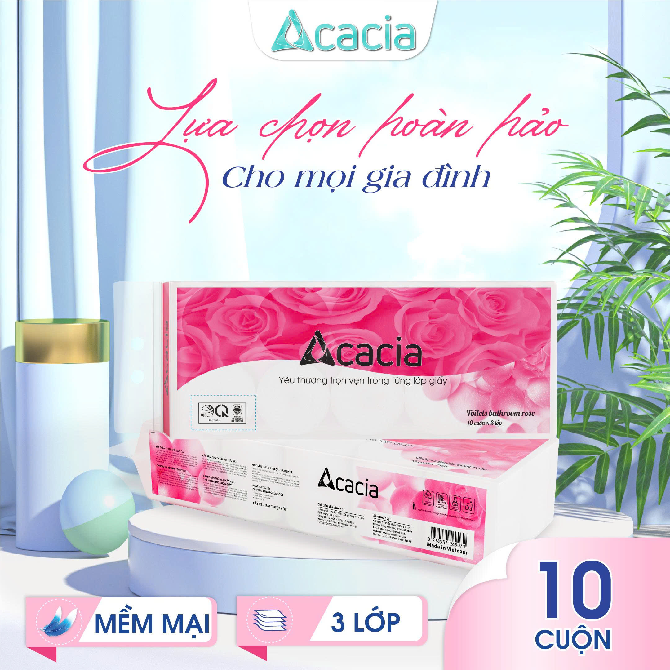 Giấy Toilet ACACIA Hoa Hồng 10 cuộn có lõi (Hồng)