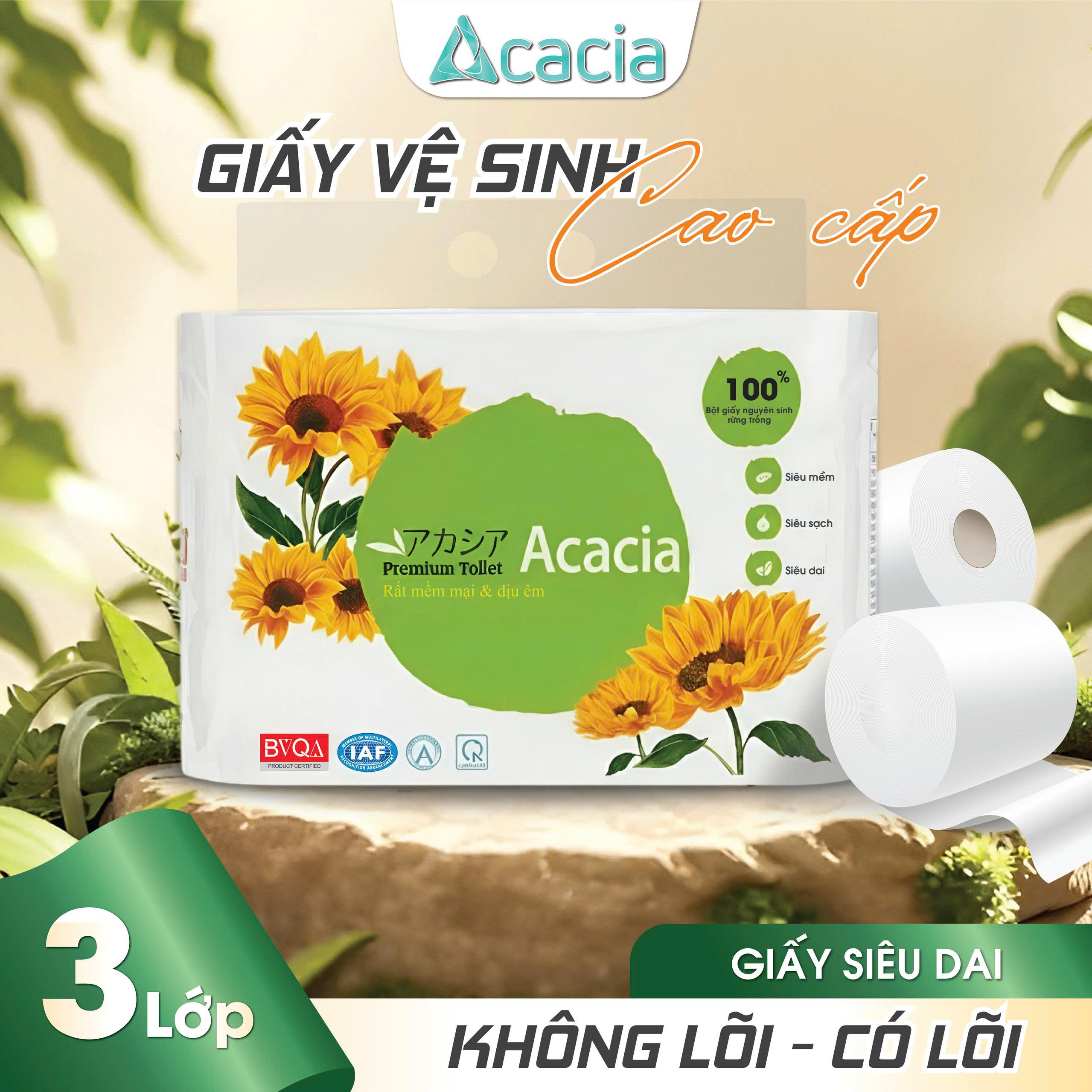 Giấy Toilet ACACIA 6 cuộn không lõi và có lõi  (Xanh)