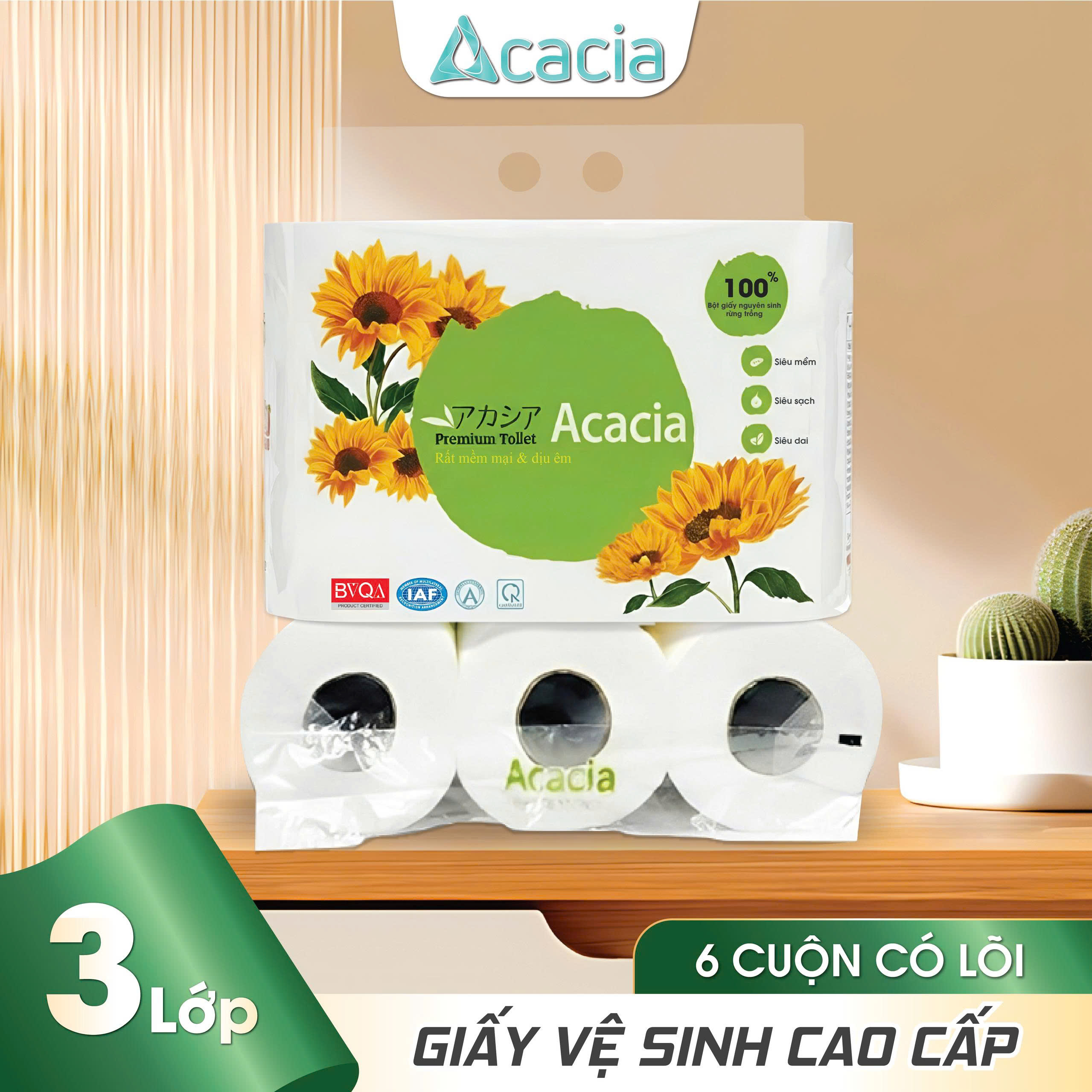 Giấy Toilet ACACIA 6 cuộn không lõi và có lõi  (Xanh)