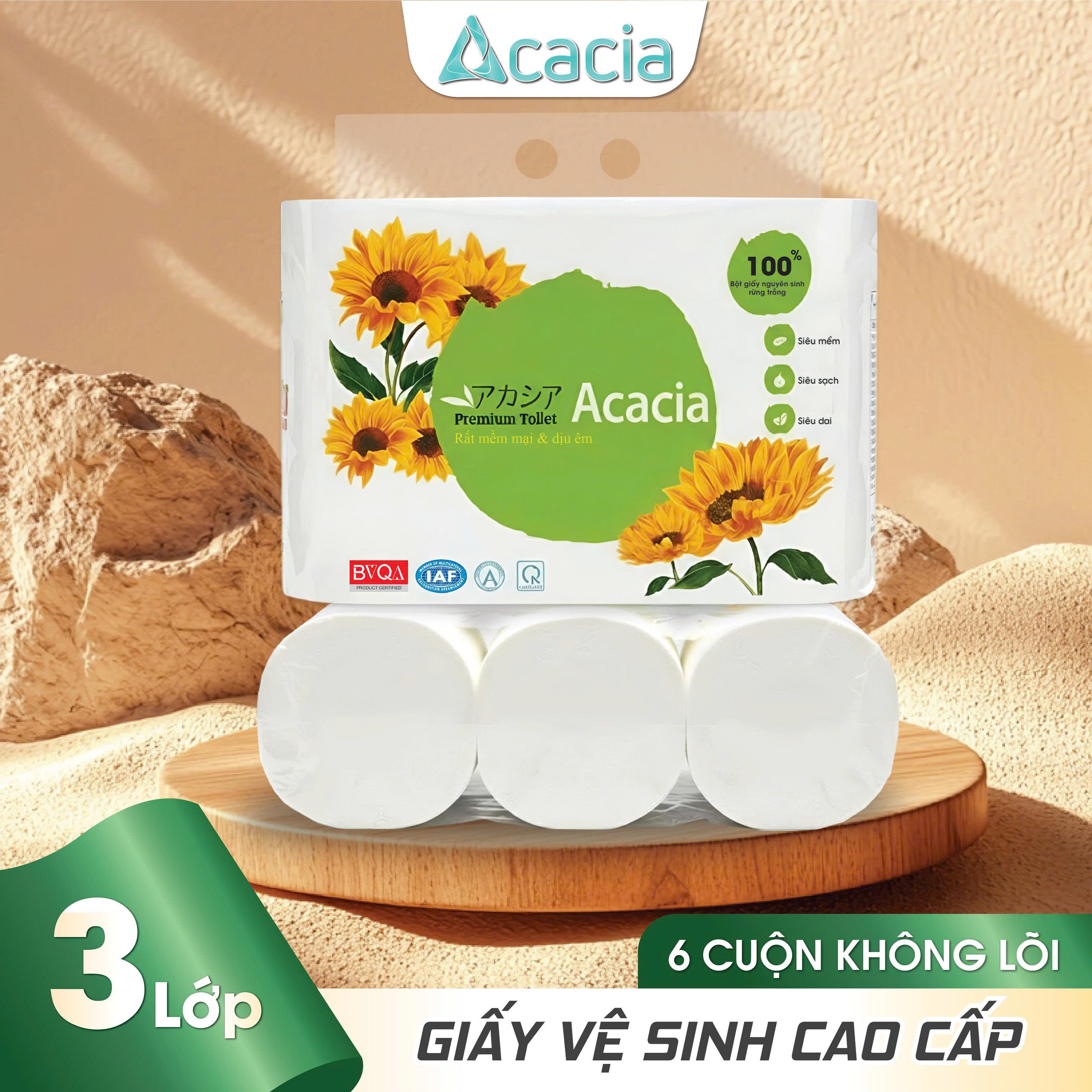 Giấy Toilet ACACIA 6 cuộn không lõi và có lõi  (Xanh)