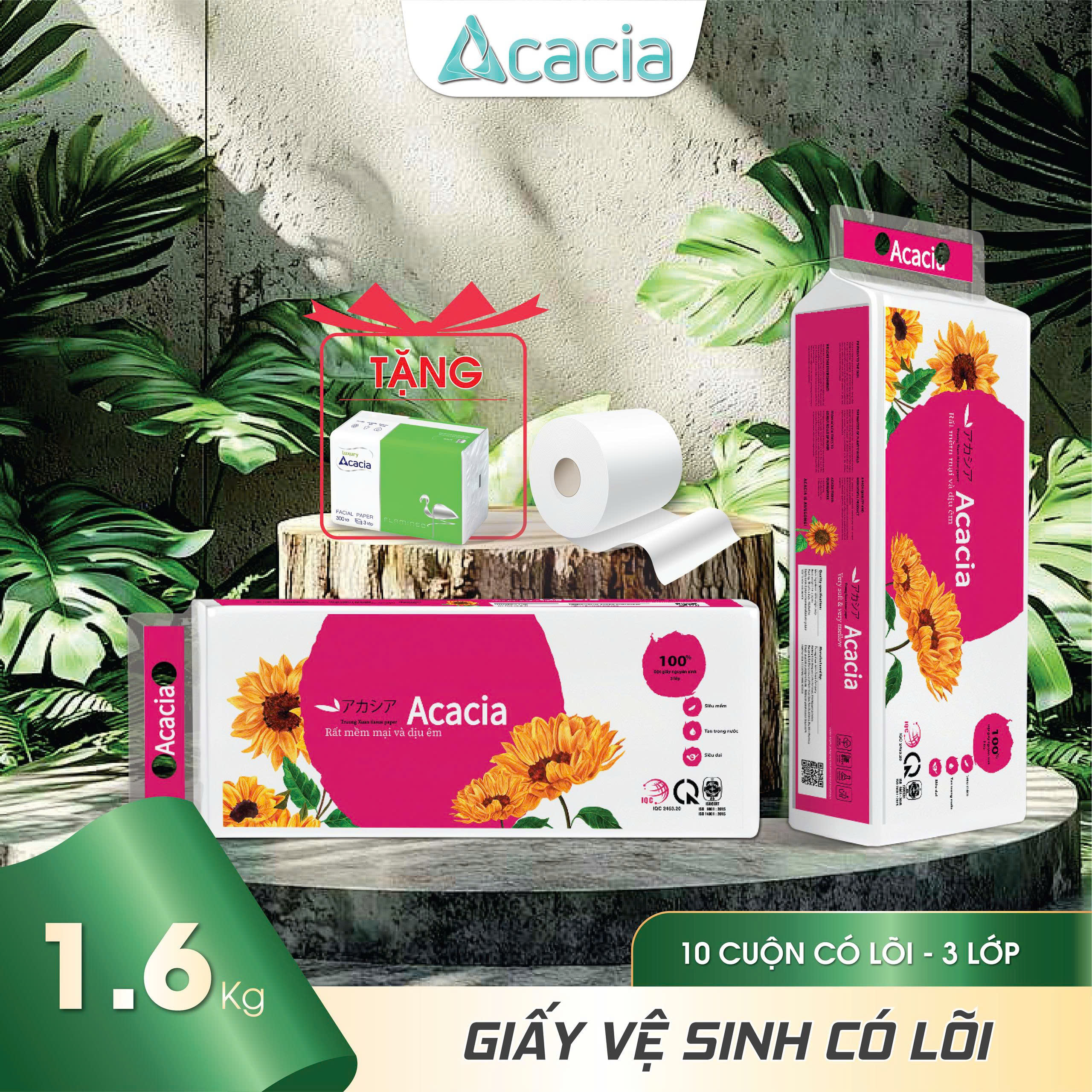 Giấy Toilet ACACIA Hướng dương 10 cuộn có lõi (Hồng)