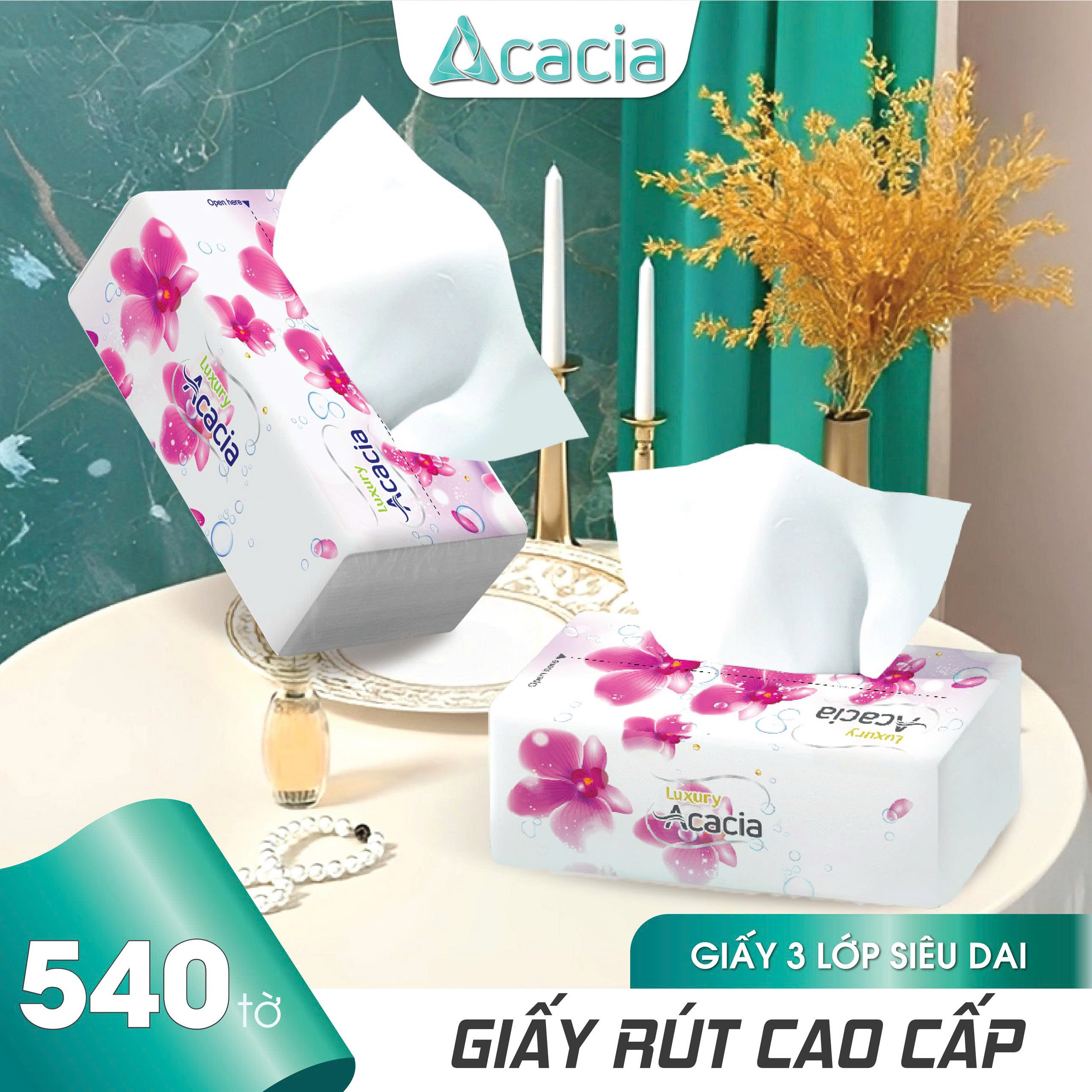 Sản phẩm giấy rút Acacia 540 tờ ( 180 lần rút), 3 lớp sang trọng