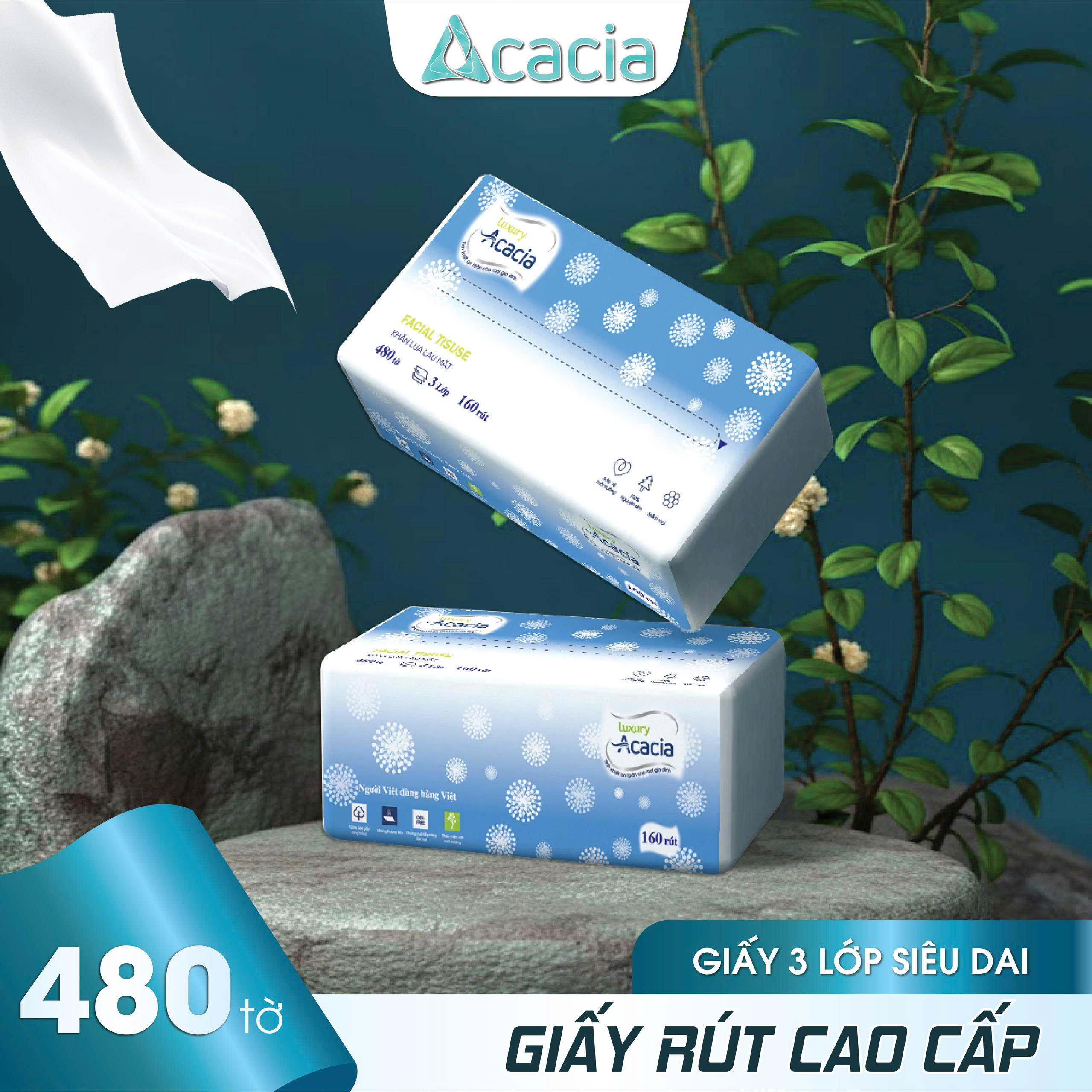 Sản phẩm khăn giấy rút gói Acacia 480 tờ ( 160 lần rút)