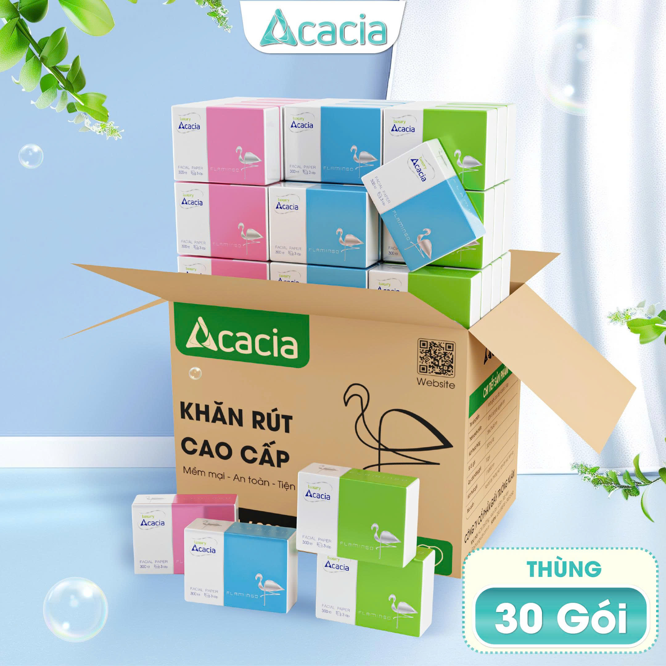 Giấy ăn Acacia Flamingo thùng 30 gói, giấy cao cấp, mềm mịn, siêu tiết kiệm