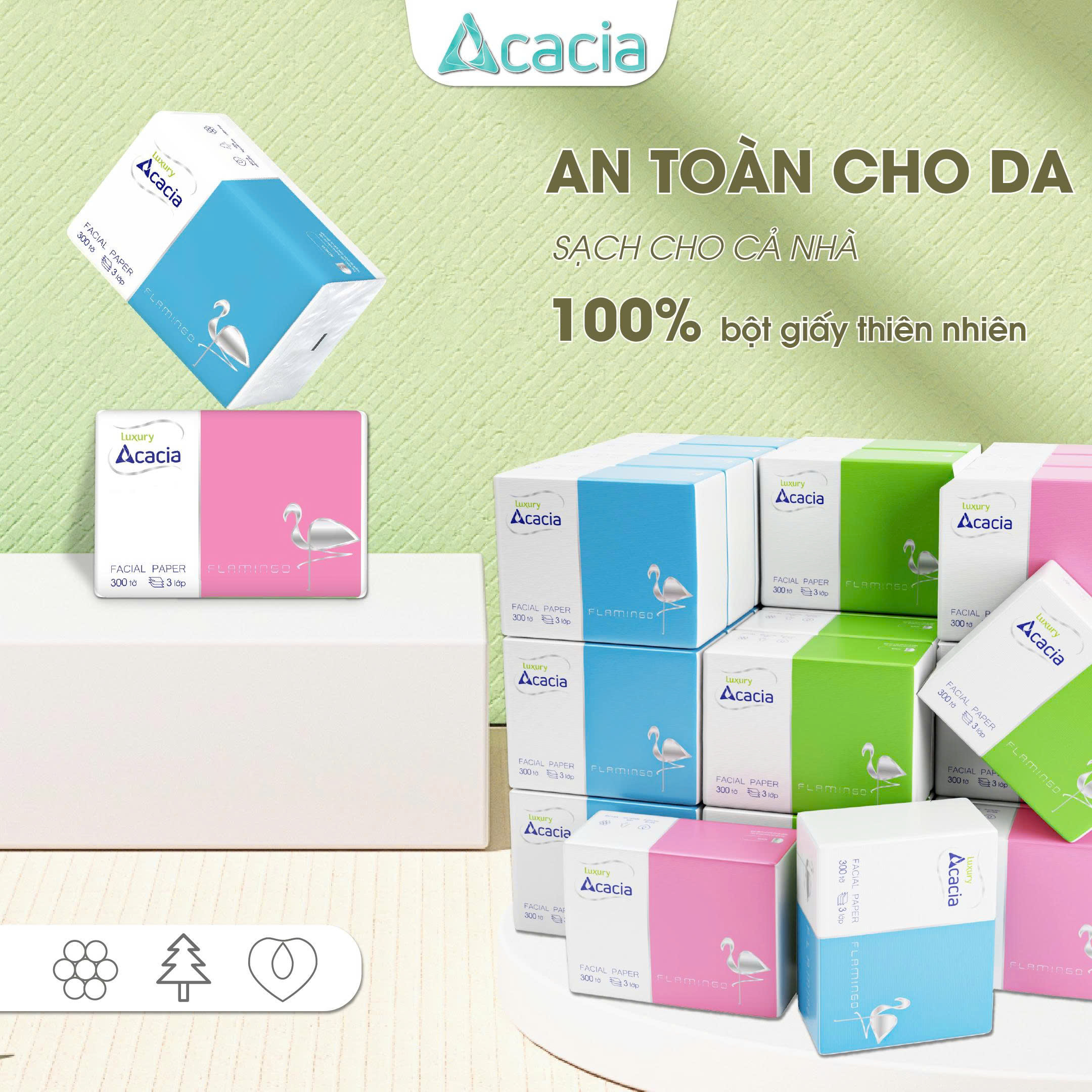 Giấy ăn Acacia Flamingo thùng 30 gói, giấy cao cấp, mềm mịn, siêu tiết kiệm