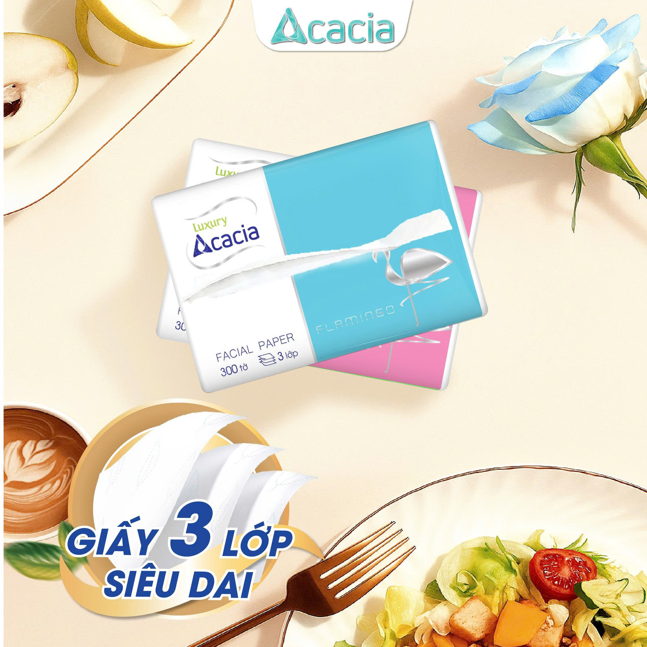 Giấy ăn Acacia Flamingo thùng 30 gói, giấy cao cấp, mềm mịn, siêu tiết kiệm