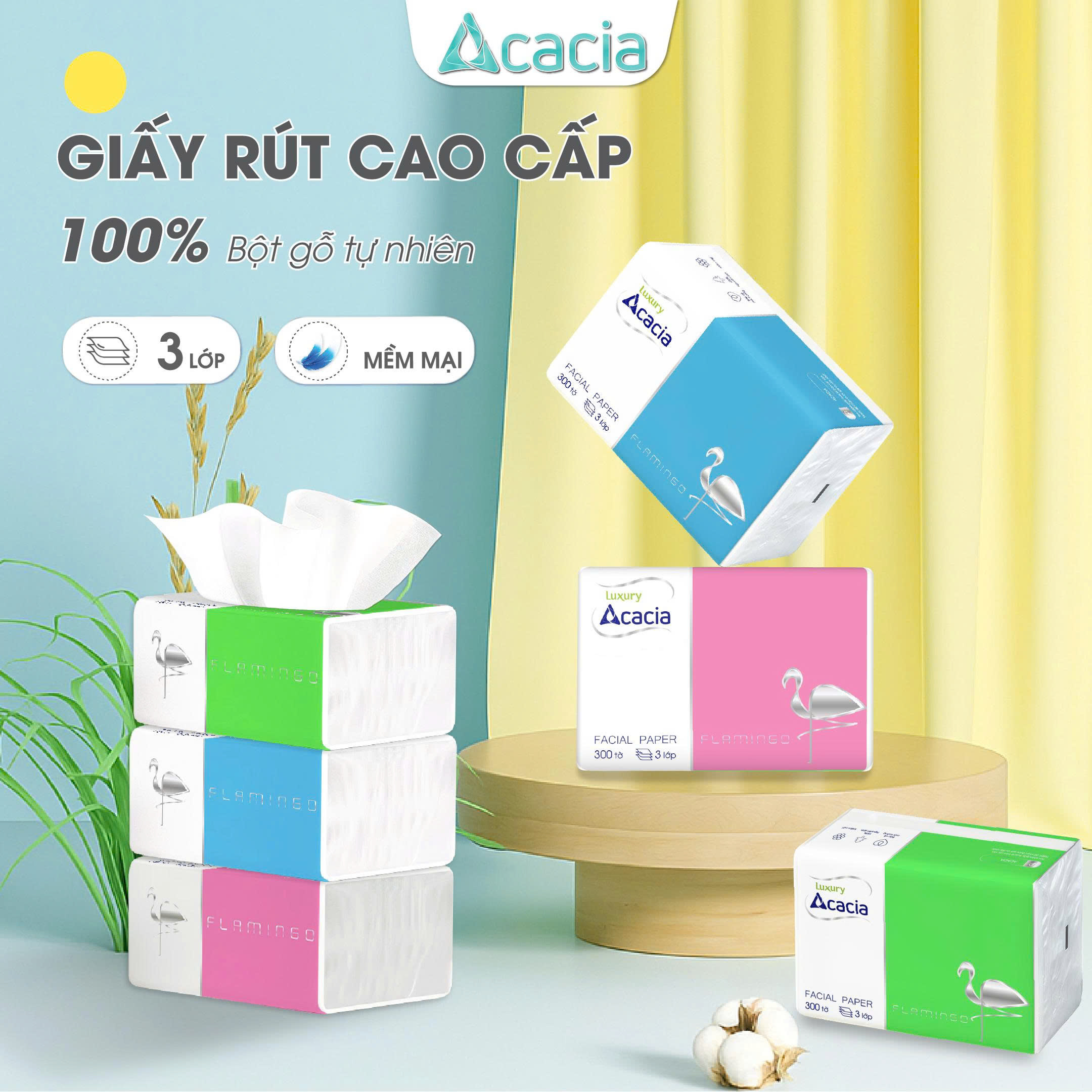 Giấy ăn Acacia Flamingo thùng 30 gói, giấy cao cấp, mềm mịn, siêu tiết kiệm