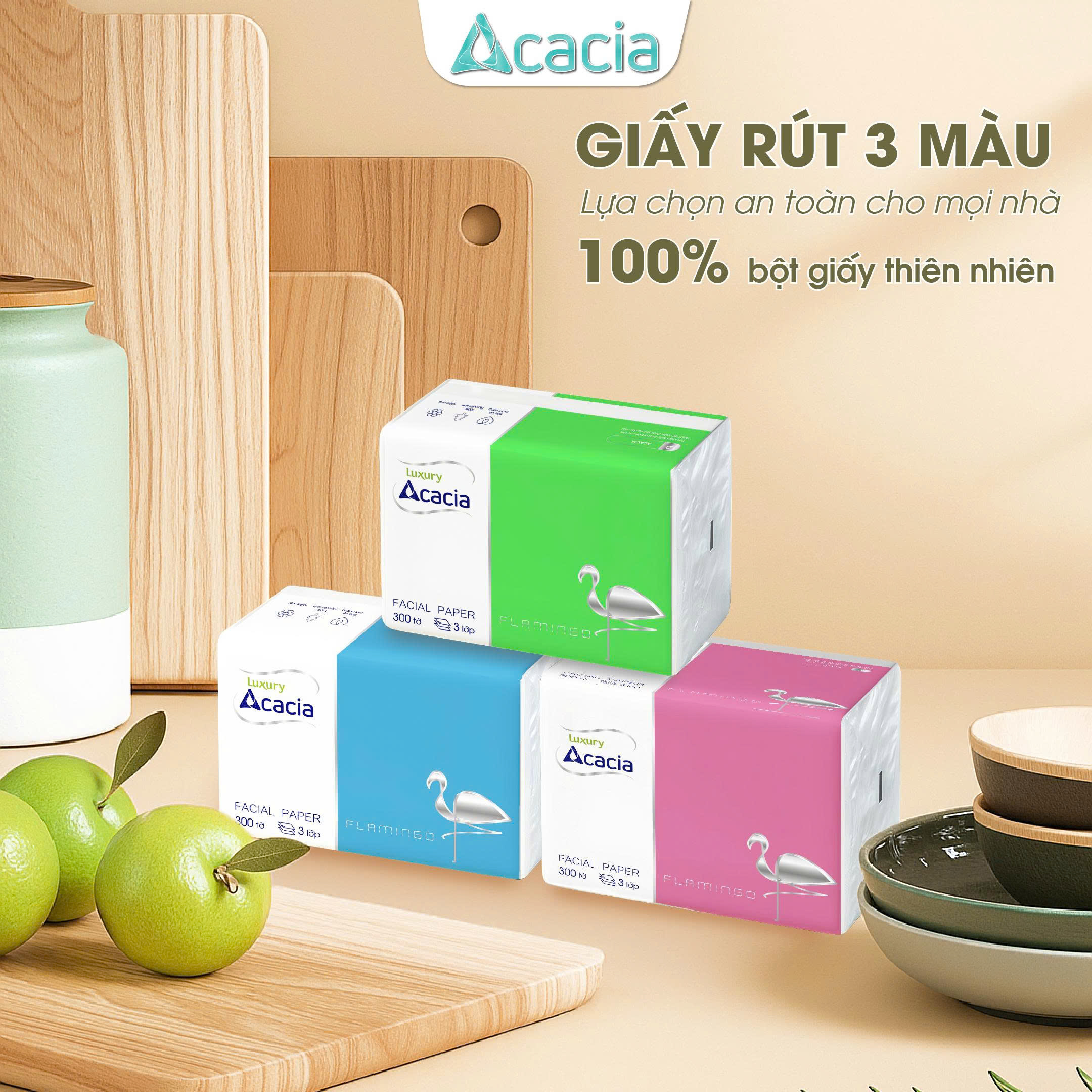 Giấy ăn Acacia Flamingo thùng 30 gói, giấy cao cấp, mềm mịn, siêu tiết kiệm
