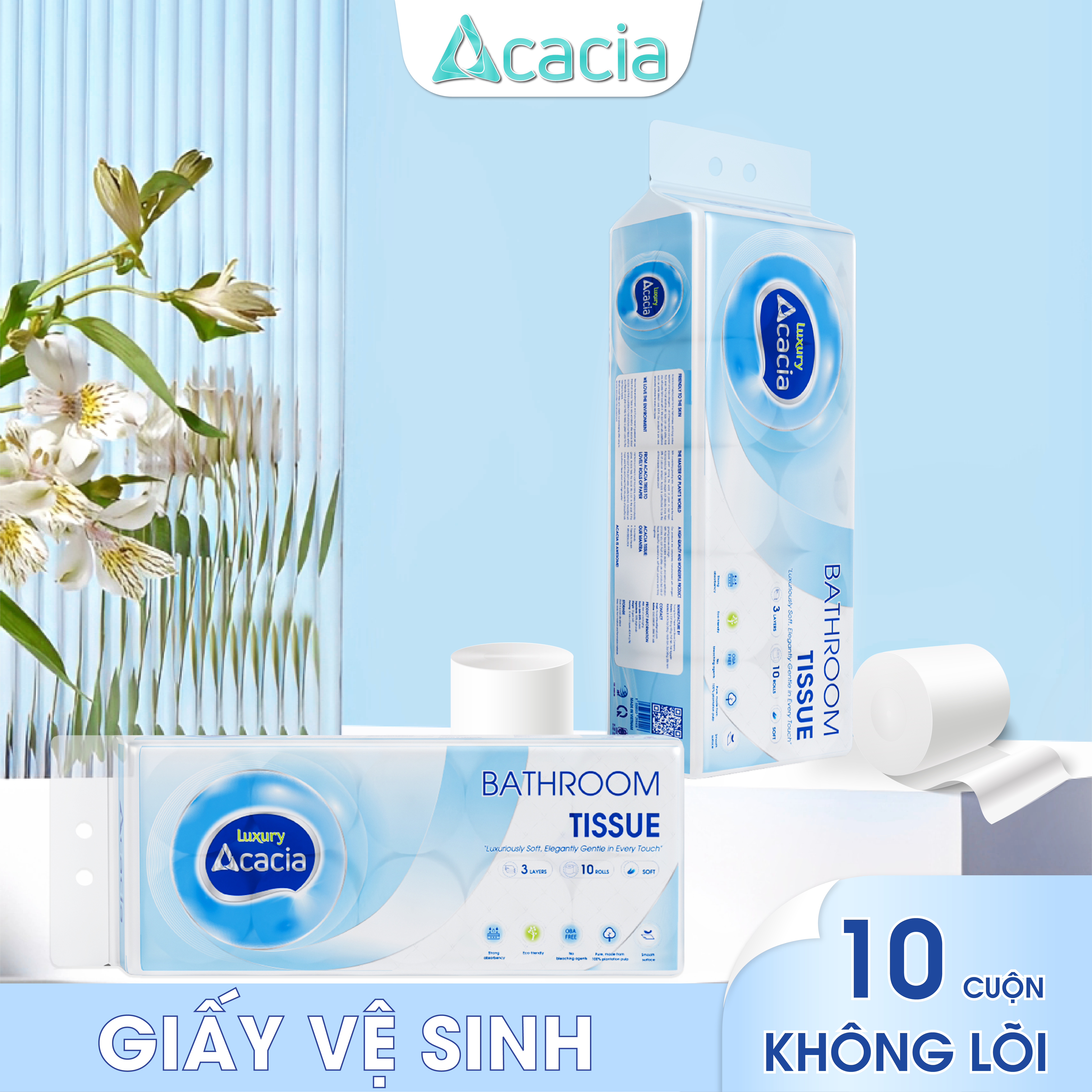 Giấy Toilet ACACIA T15 Luxury 10 cuộn không lõi (Xanh)