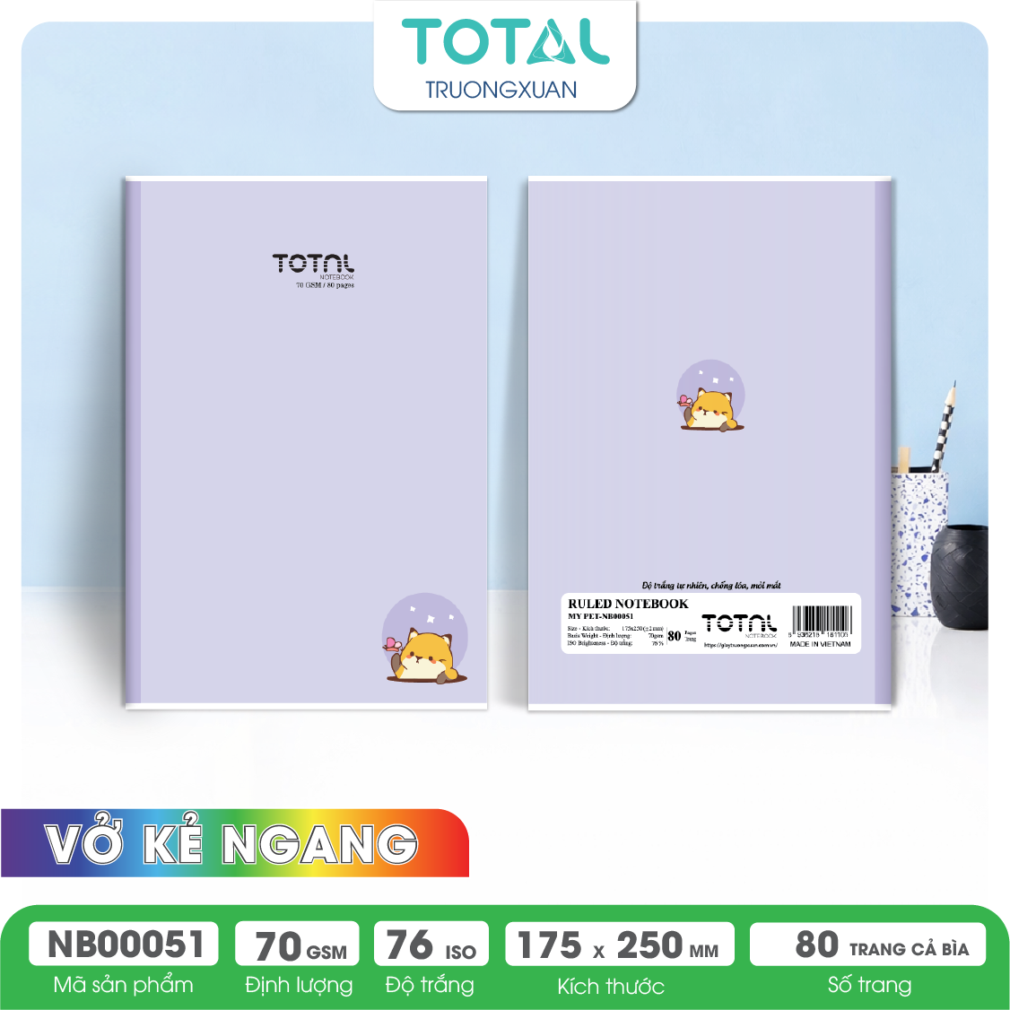 Vở kẻ ngang chống lóa Total My Pet 80 trang