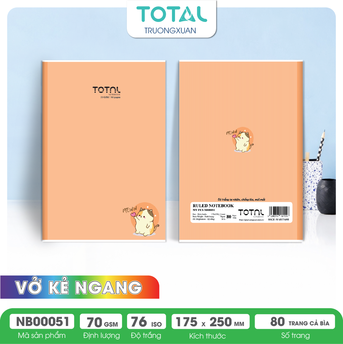 Vở kẻ ngang chống lóa Total My Pet 80 trang