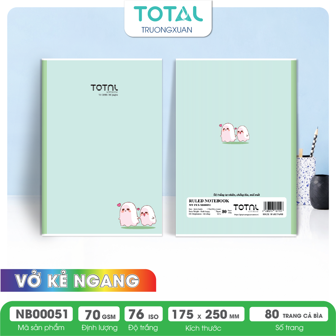 Vở kẻ ngang chống lóa Total My Pet 80 trang