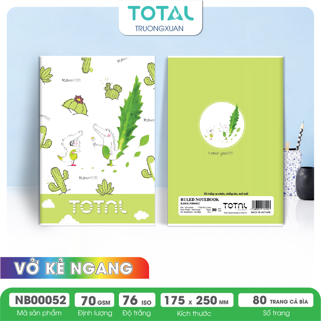 Vở kẻ ngang chống lóa Total Rawr 80 trang