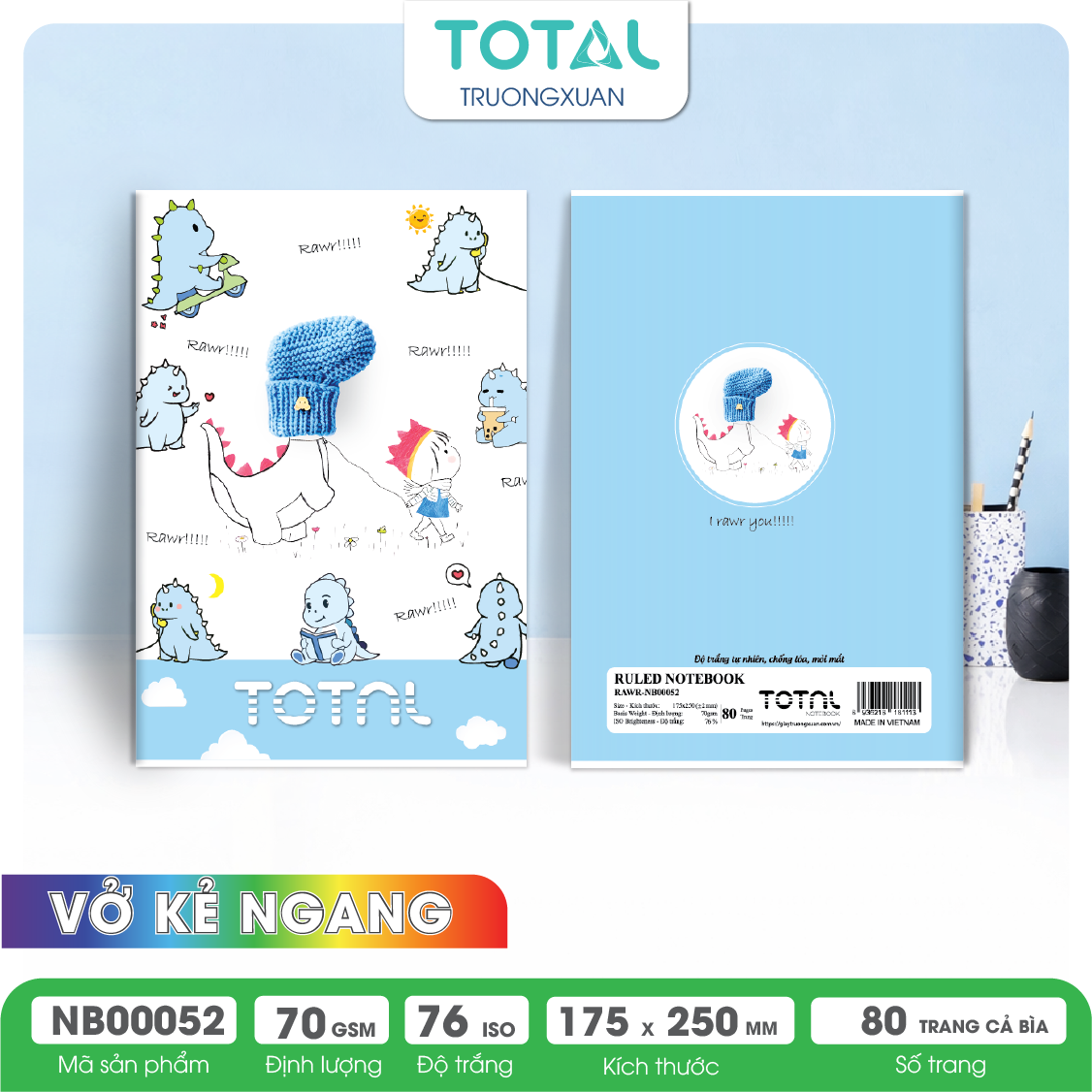 Vở kẻ ngang chống lóa Total Rawr 80 trang