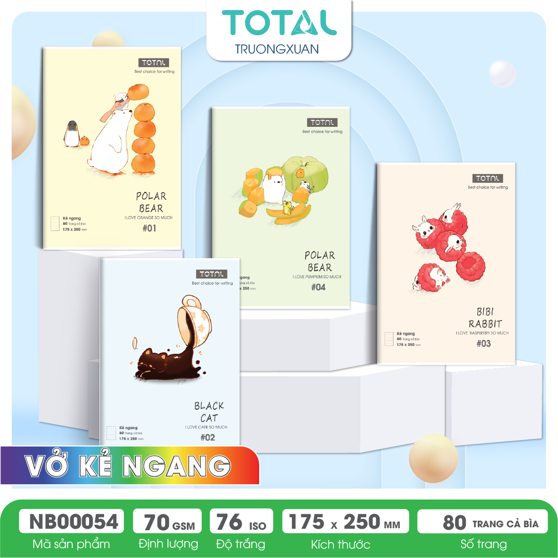 Vở kẻ ngang chống lóa Total Cute Animal 80 trang
