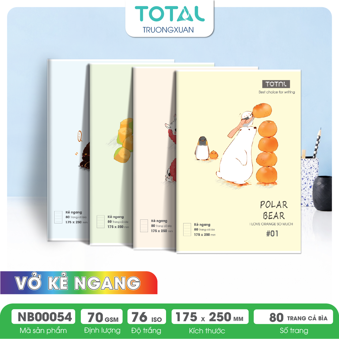 Vở kẻ ngang chống lóa Total Cute Animal 80 trang