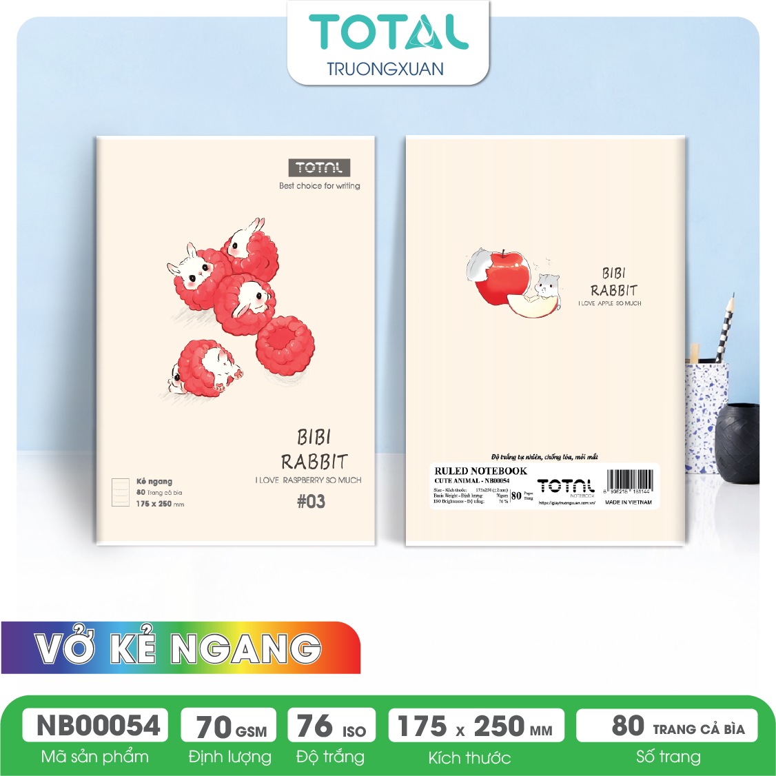 Vở kẻ ngang chống lóa Total Cute Animal 80 trang