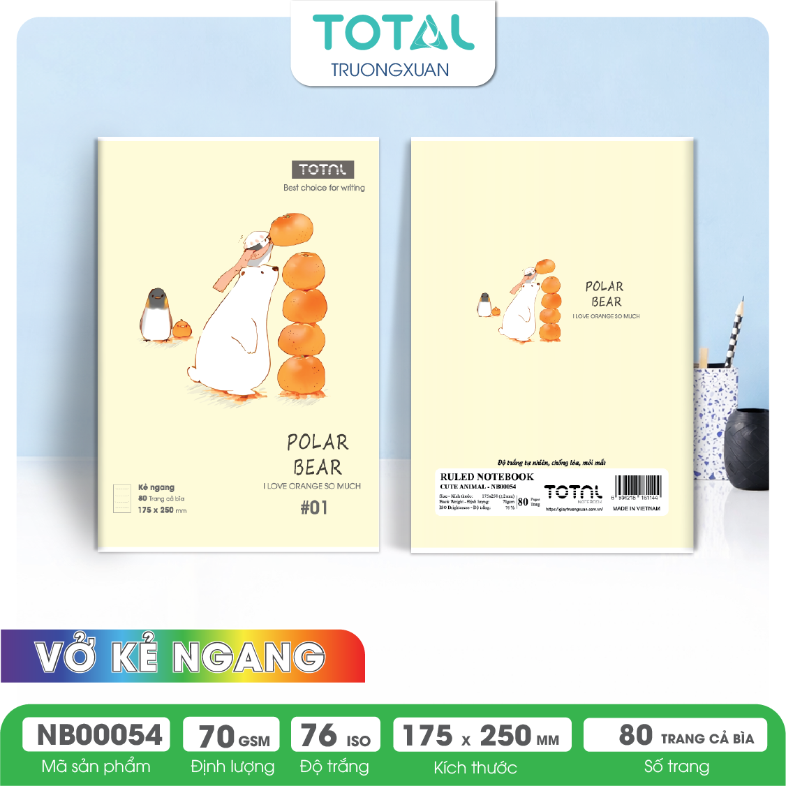 Vở kẻ ngang chống lóa Total Cute Animal 80 trang