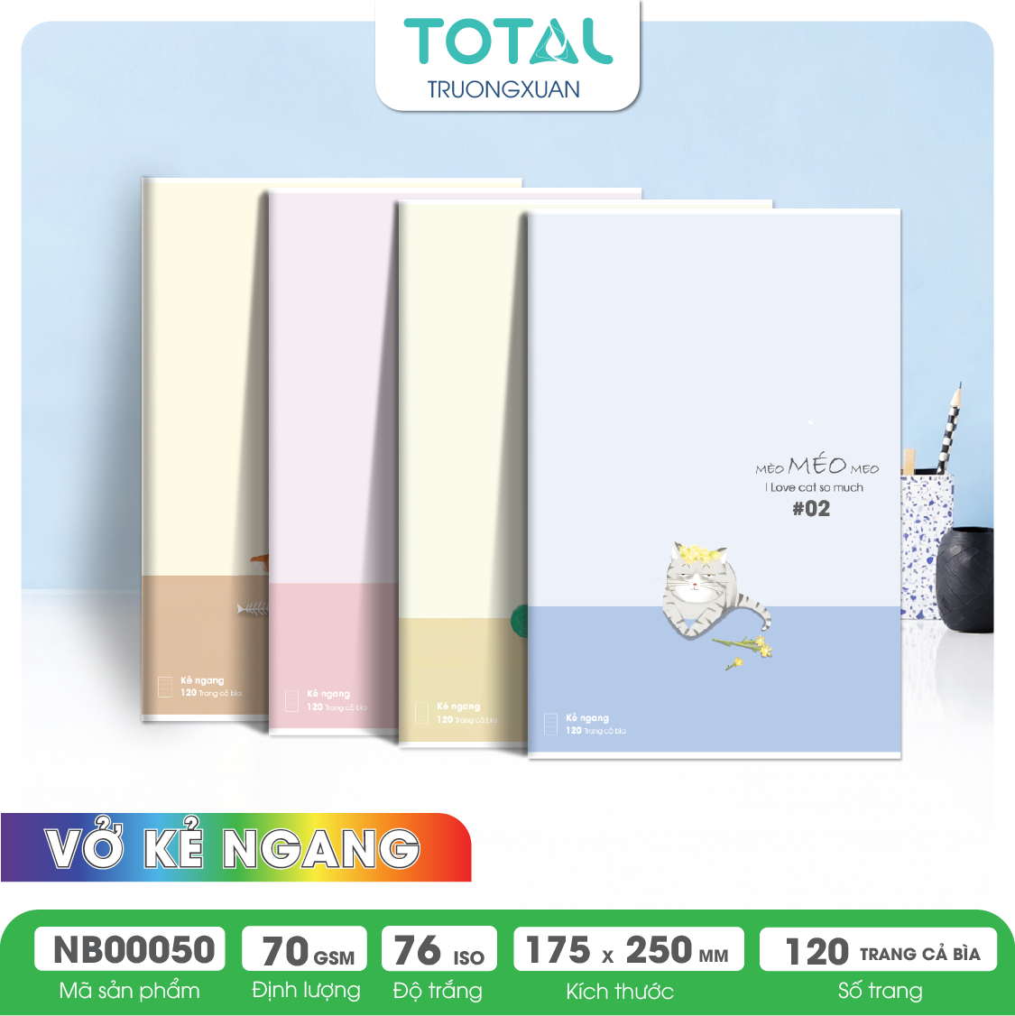 Vở kẻ ngang chống lóa Total Cat 120 trang