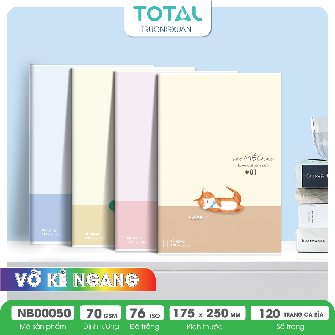 Vở kẻ ngang chống lóa Total Cat 120 trang