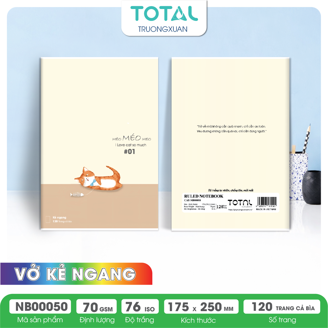 Vở kẻ ngang chống lóa Total Cat 120 trang