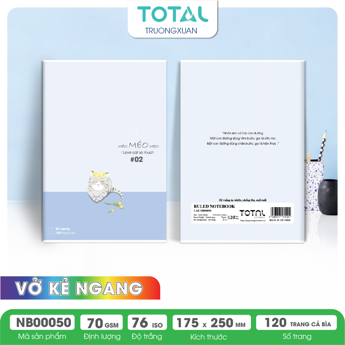Vở kẻ ngang chống lóa Total Cat 120 trang