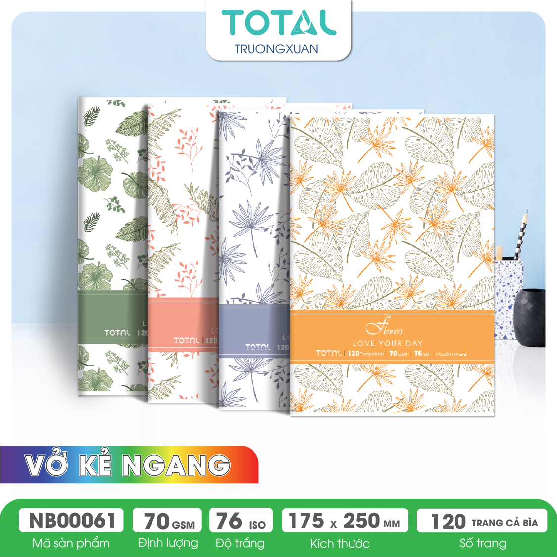 Vở kẻ ngang chống lóa Total Flowers 120 trang