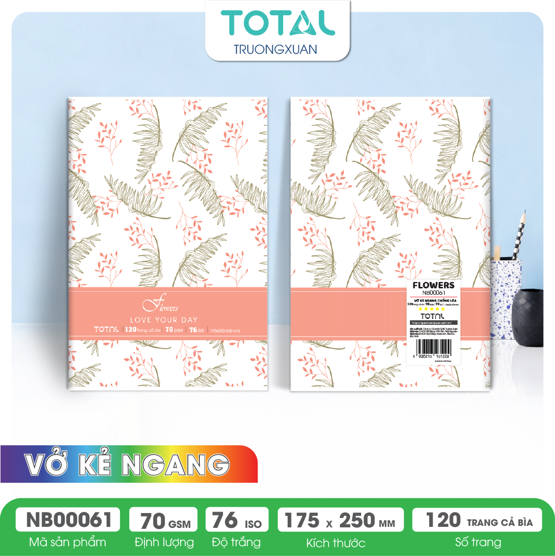 Vở kẻ ngang chống lóa Total Flowers 120 trang
