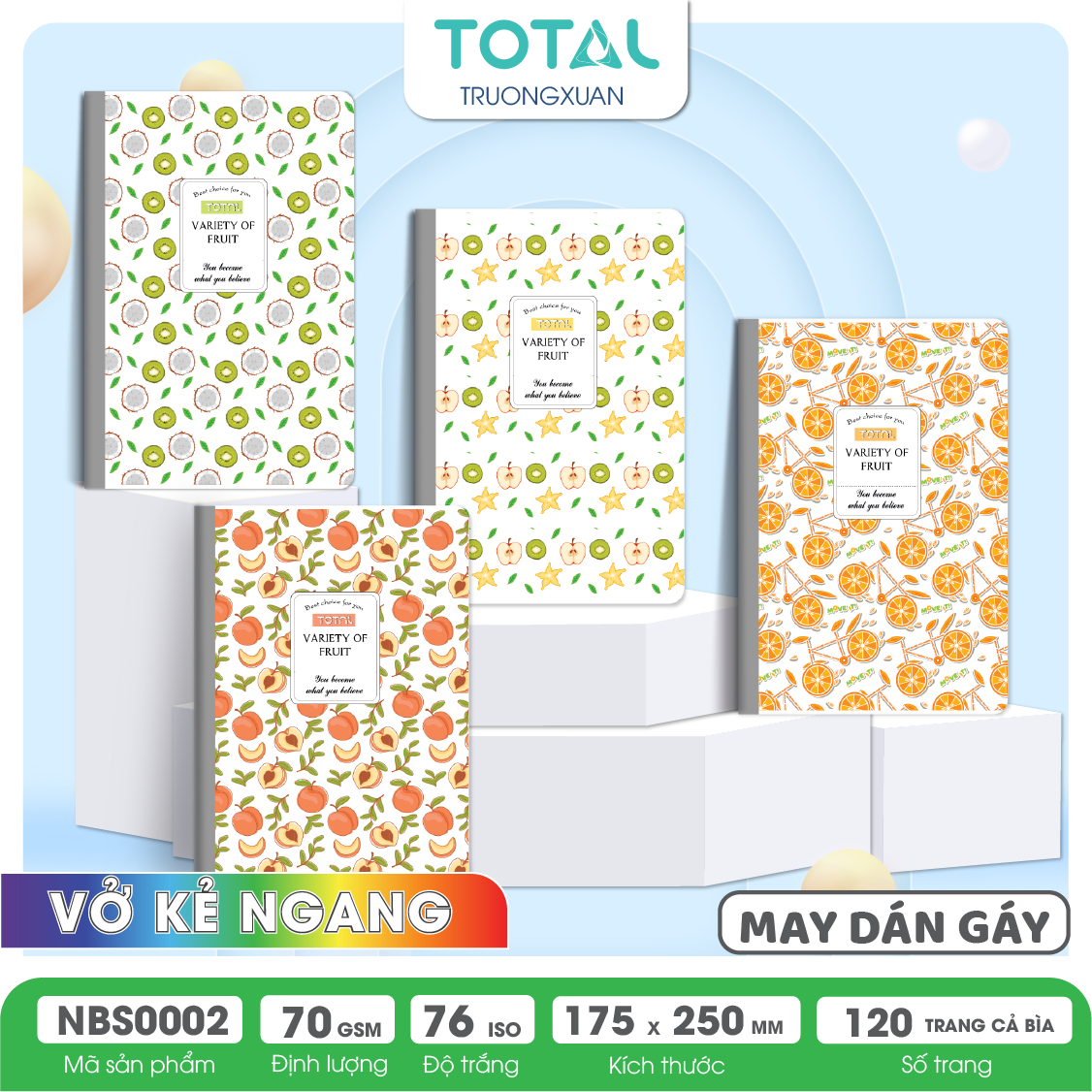 Vở may dán gáy Total chống lóa Fruit 120 trang
