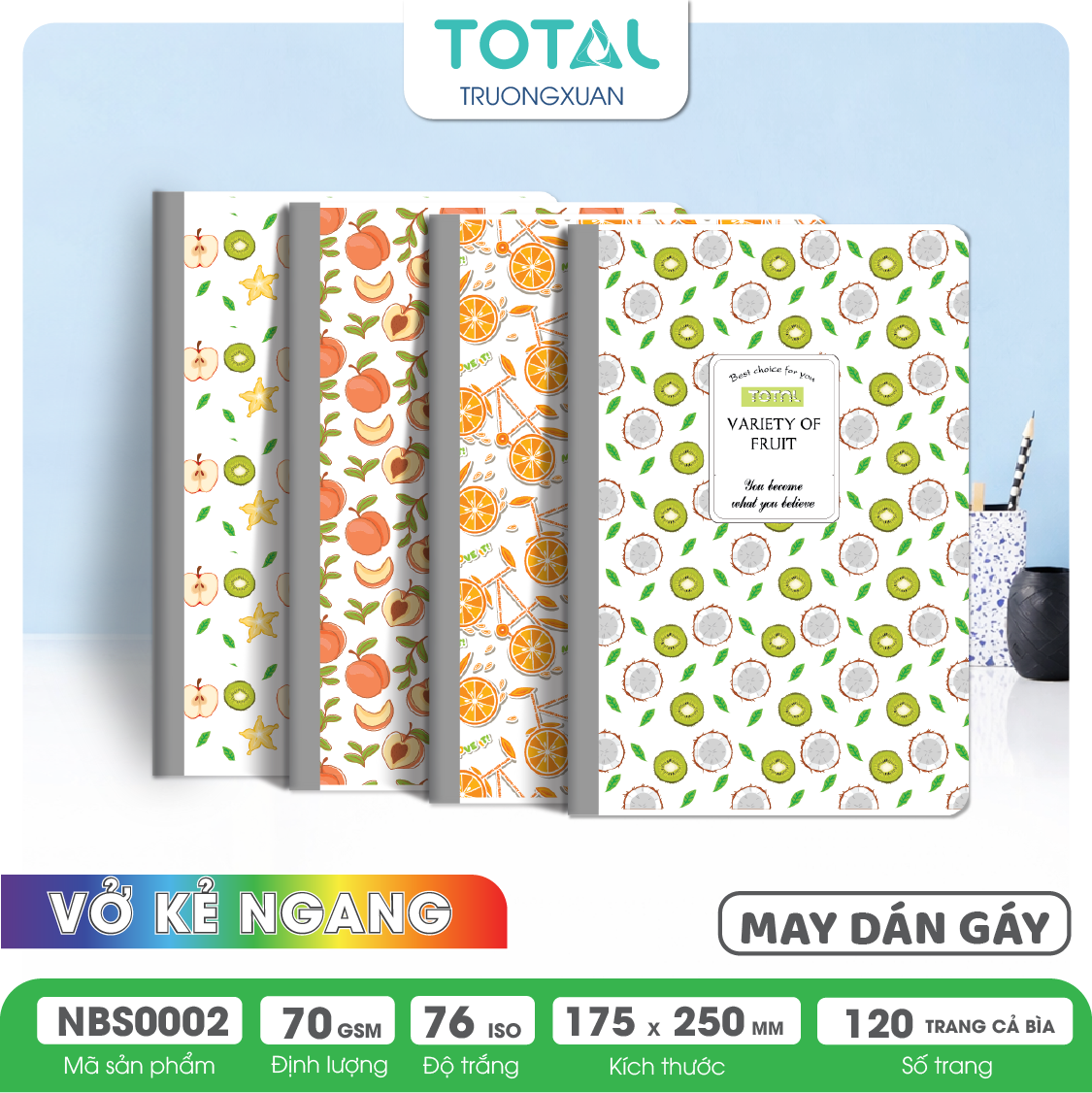 Vở may dán gáy Total chống lóa Fruit 120 trang