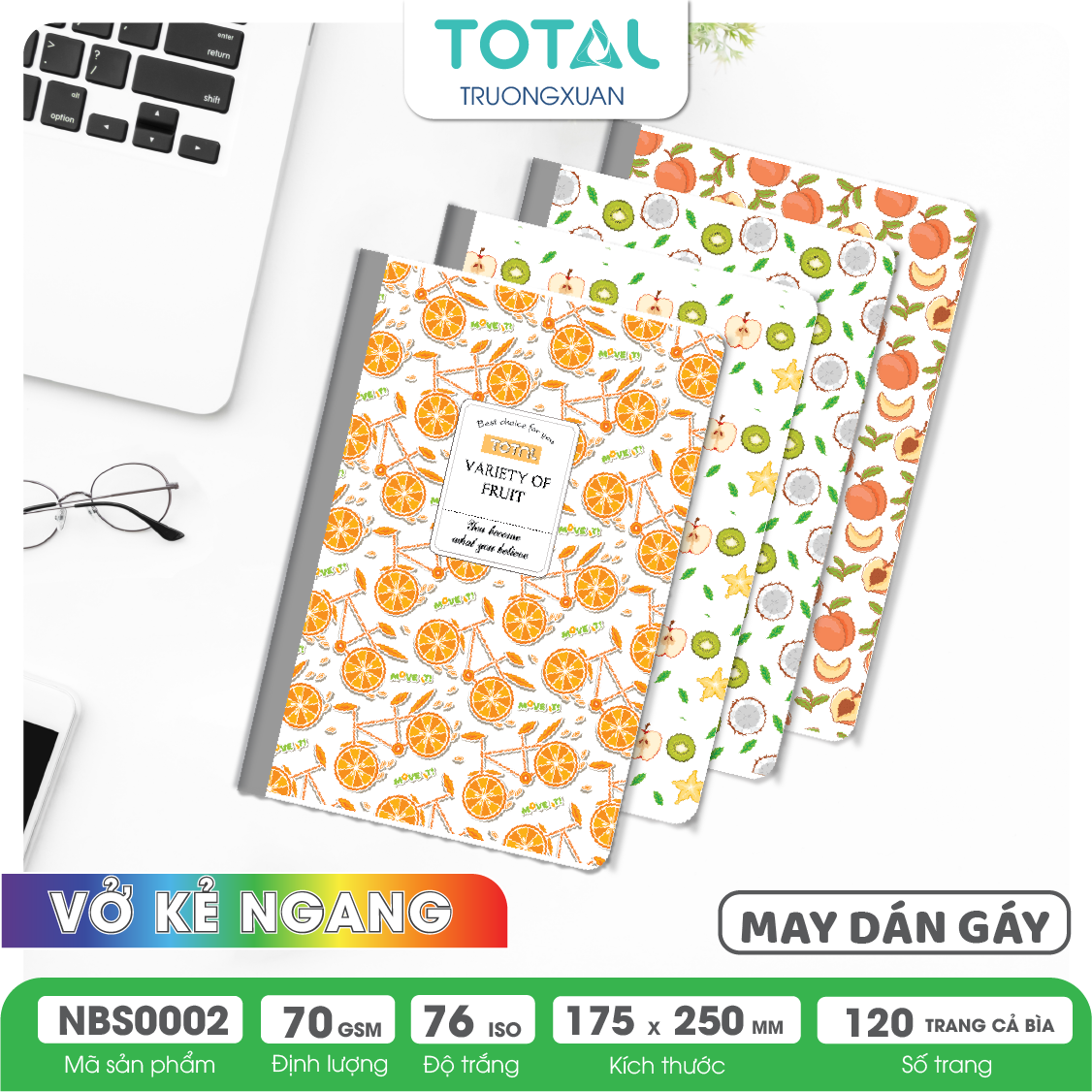 Vở may dán gáy Total chống lóa Fruit 120 trang