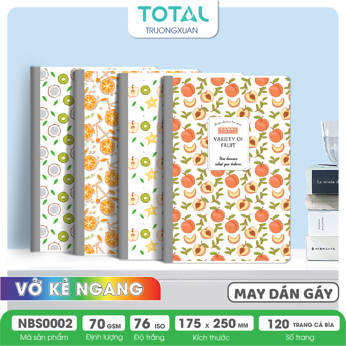 Vở may dán gáy Total chống lóa Fruit 120 trang