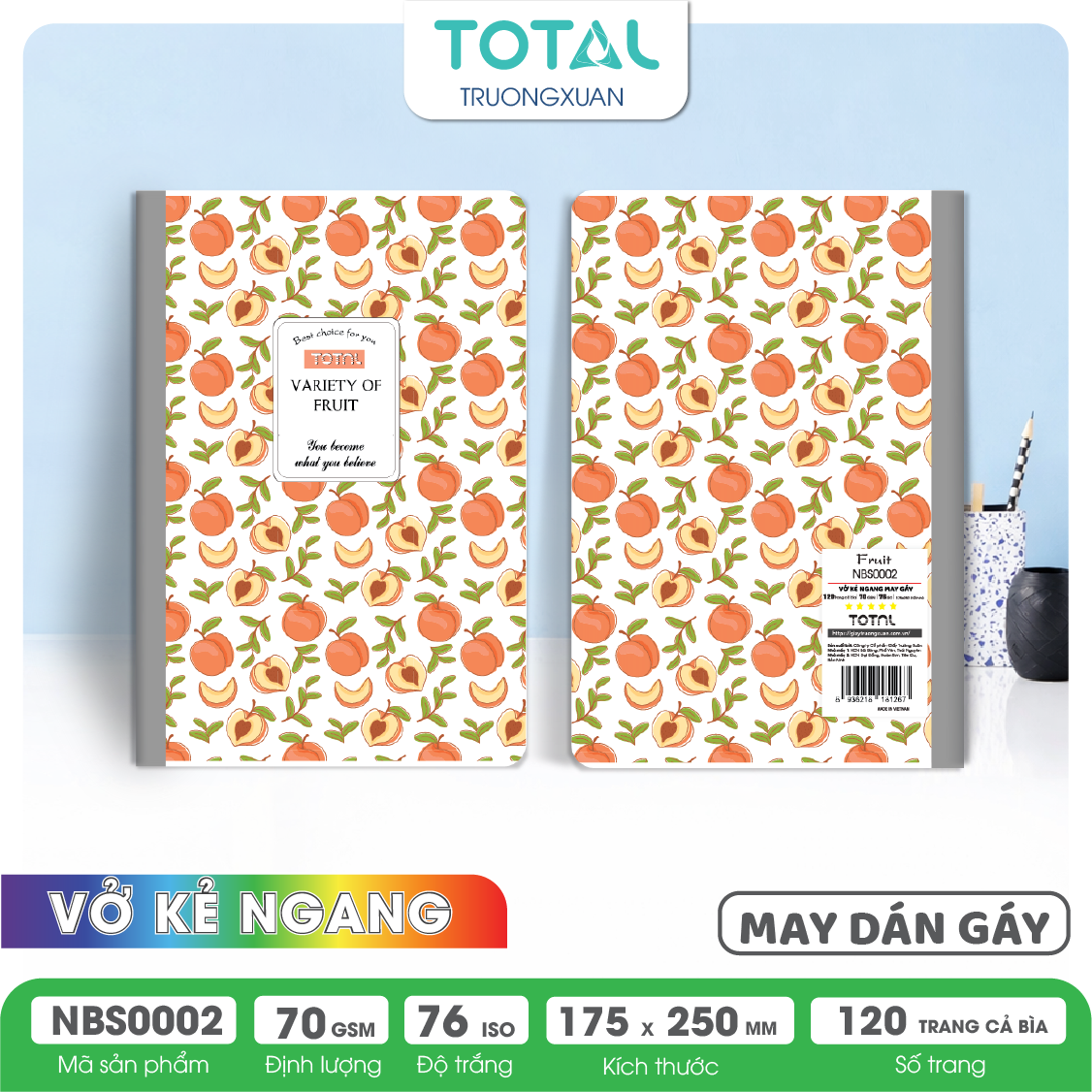 Vở may dán gáy Total chống lóa Fruit 120 trang