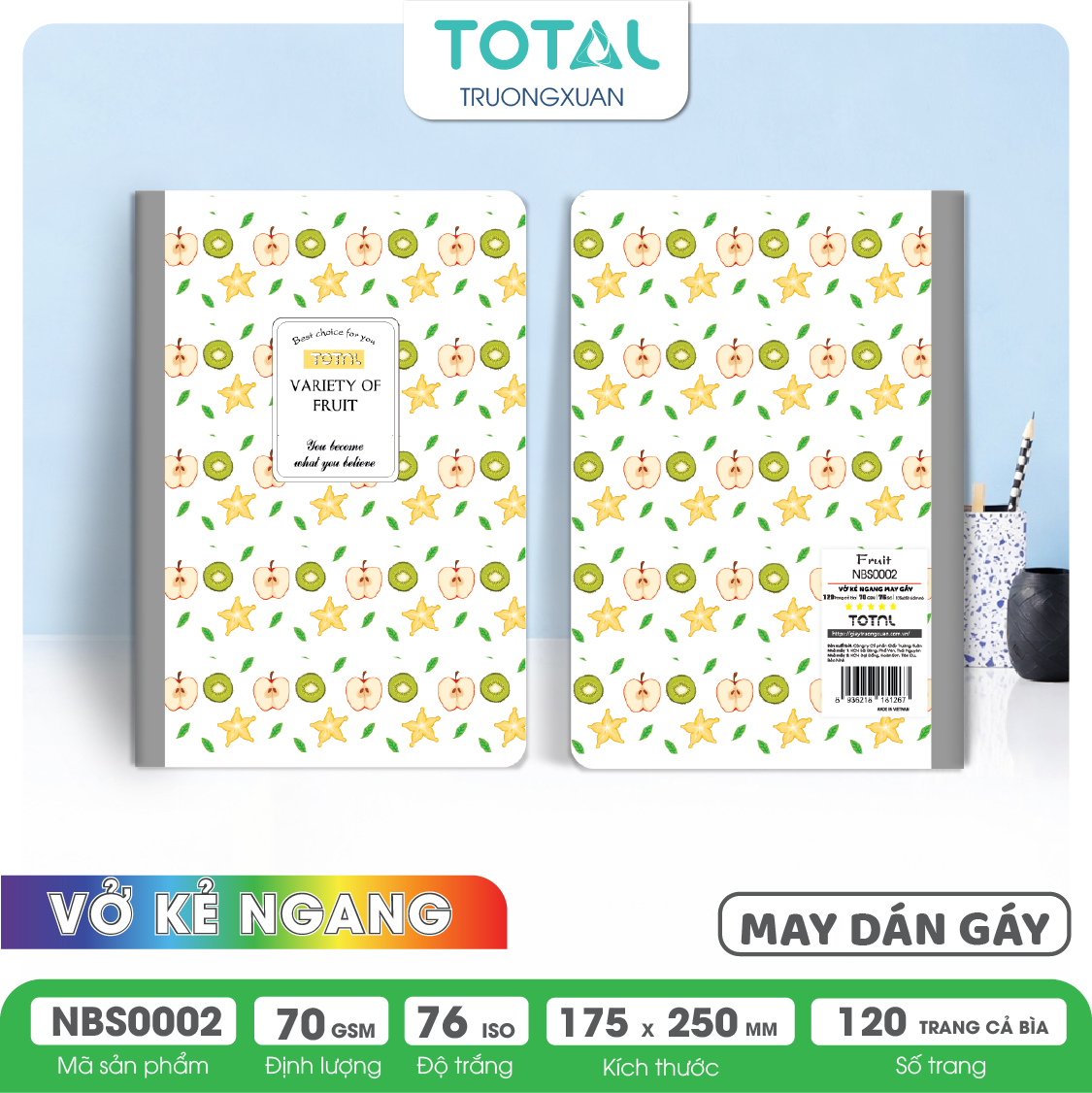 Vở may dán gáy Total chống lóa Fruit 120 trang