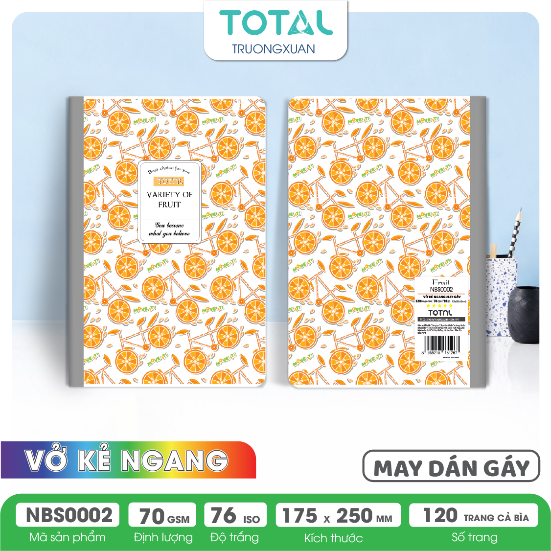 Vở may dán gáy Total chống lóa Fruit 120 trang