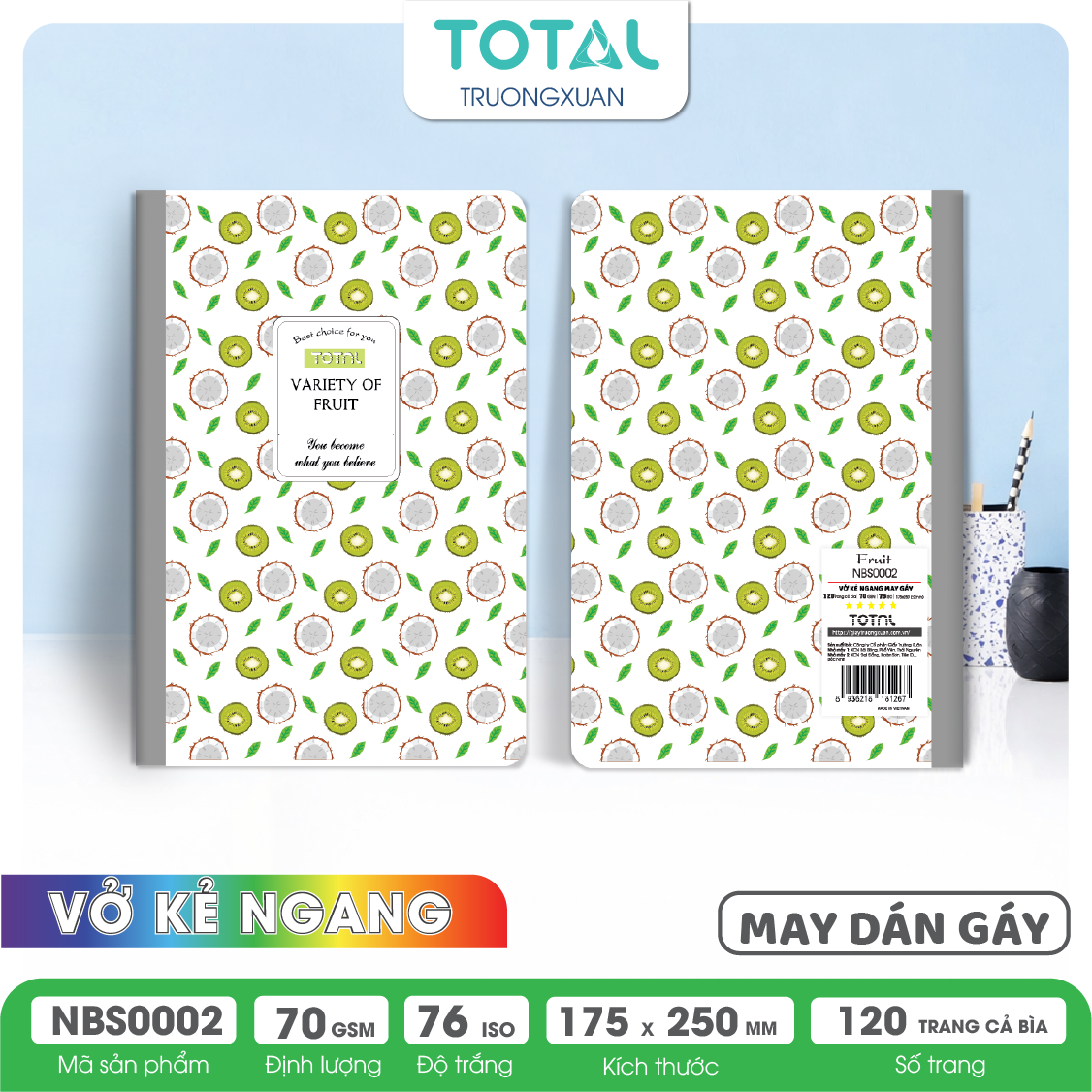 Vở may dán gáy Total chống lóa Fruit 120 trang