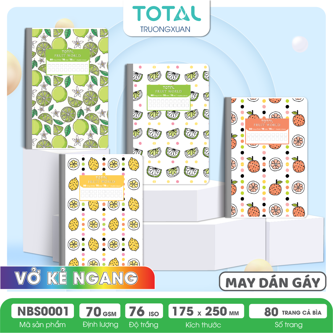 Vở may dán gáy Total chống lóa Fruit World 80 trang