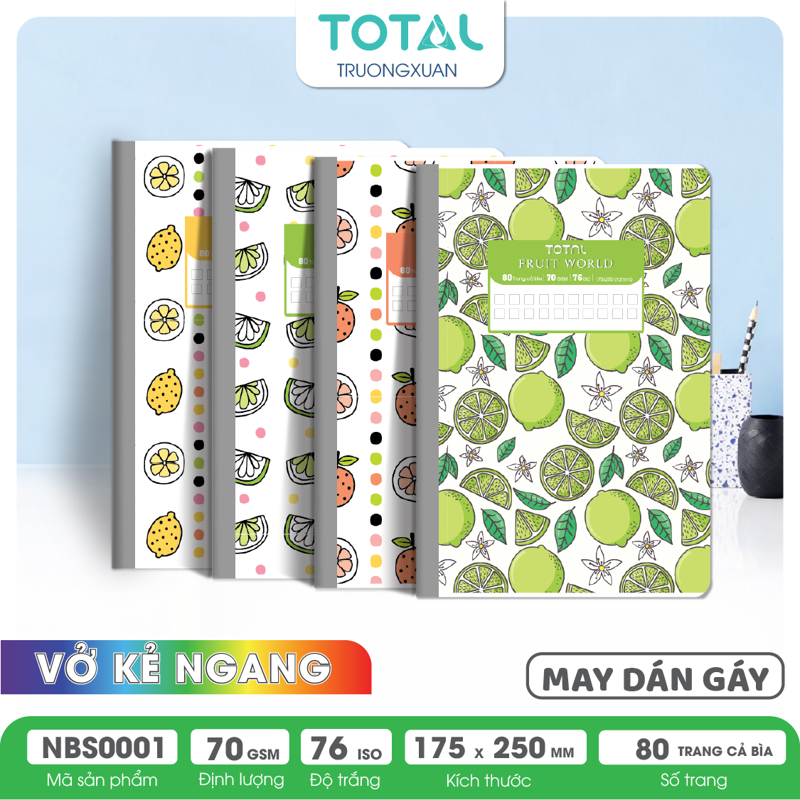 Vở may dán gáy Total chống lóa Fruit World 80 trang