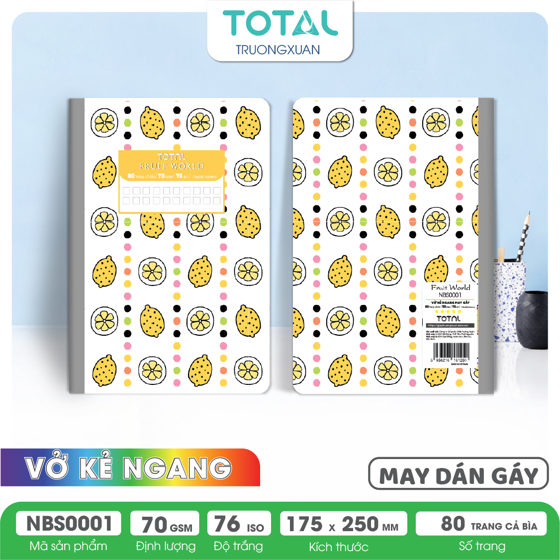 Vở may dán gáy Total chống lóa Fruit World 80 trang