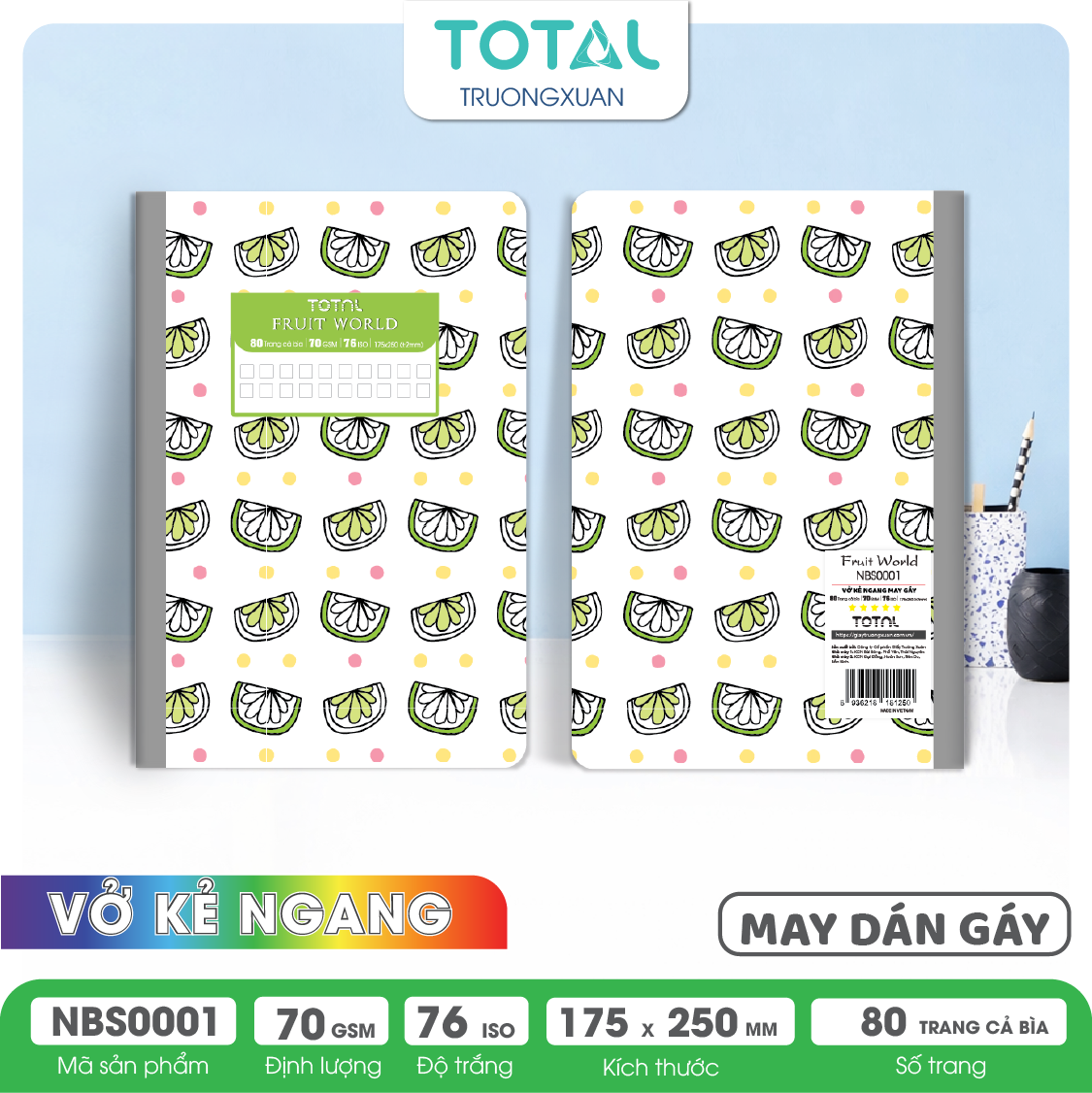 Vở may dán gáy Total chống lóa Fruit World 80 trang